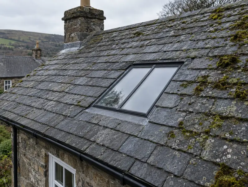 Slim black conservation-style rooflight set into a slate cottage roof