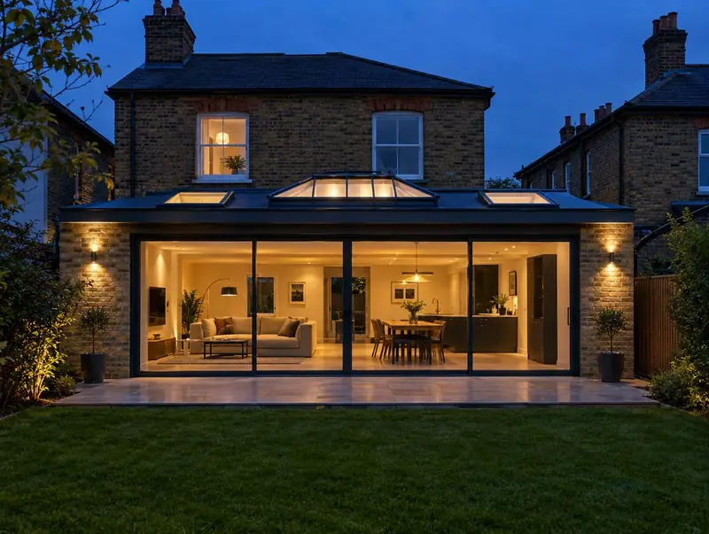 Rear extension at dusk with lit rooflights and a roof lantern