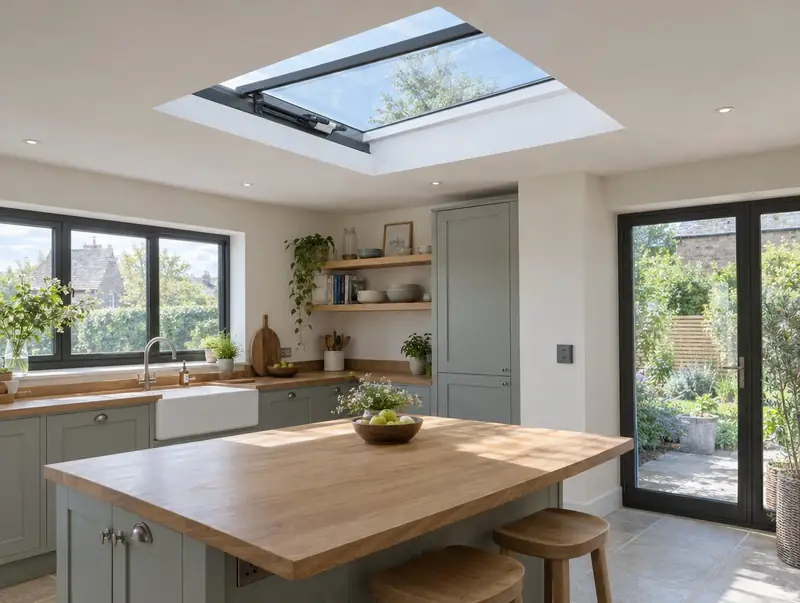 Electric opening flat rooflight tilted open above a kitchen island