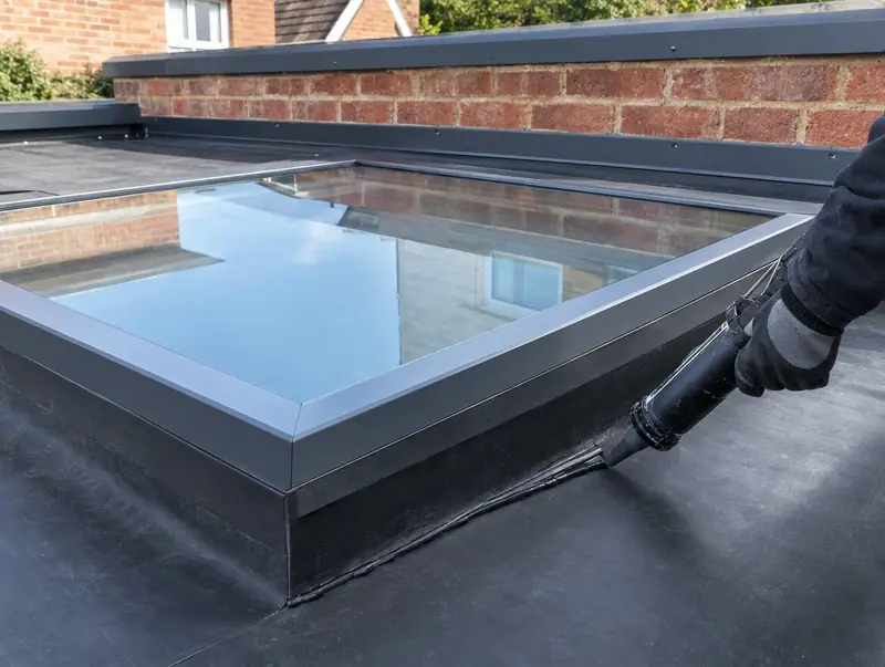 Sealant being run along the frame of a newly fitted flat rooflight on a rubber membrane roof