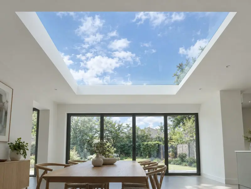 Frameless rooflight seen from inside a white rear extension, sky visible through the glass