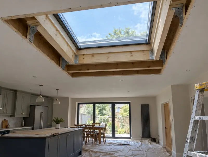 New ceiling opening with trimmed joists and hangers under a freshly fitted rooflight