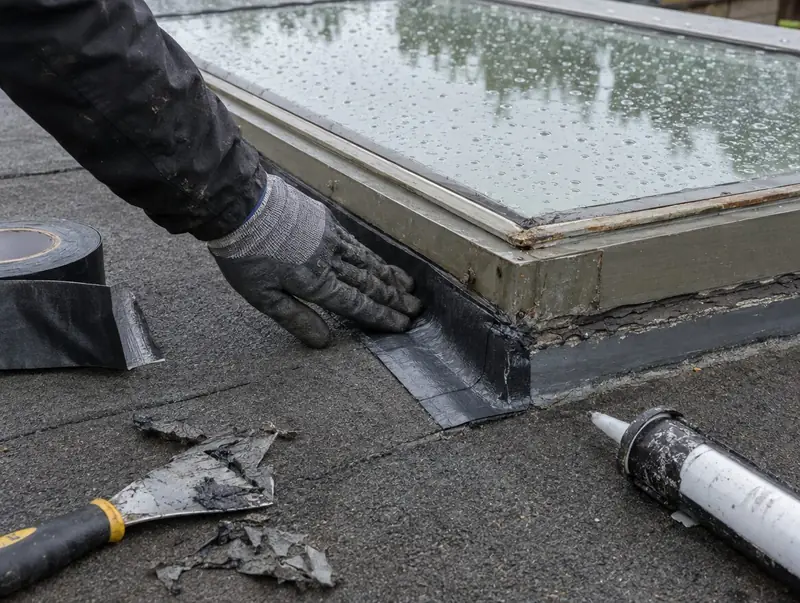 Gloved hand pressing new flashing tape into the joint between an old rooflight and a felt roof