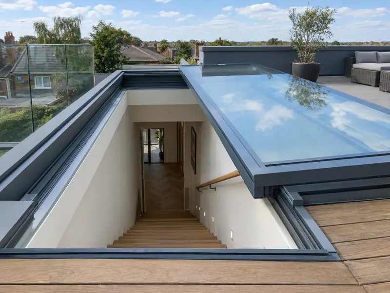 Sliding rooflight opened over a staircase leading up to a roof terrace