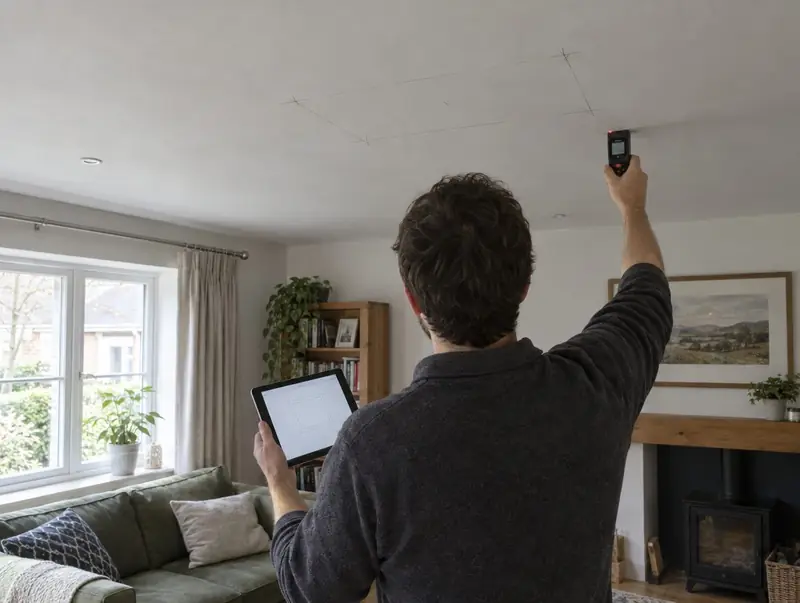 Surveyor measuring a living room ceiling with a laser measure for a new rooflight