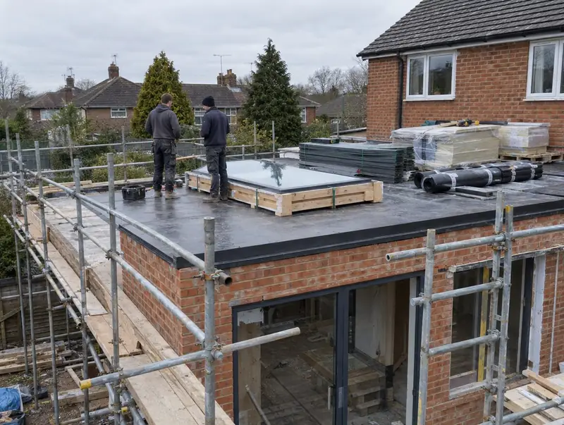 Builder and rooflight fitter beside a crated rooflight on a new extension roof