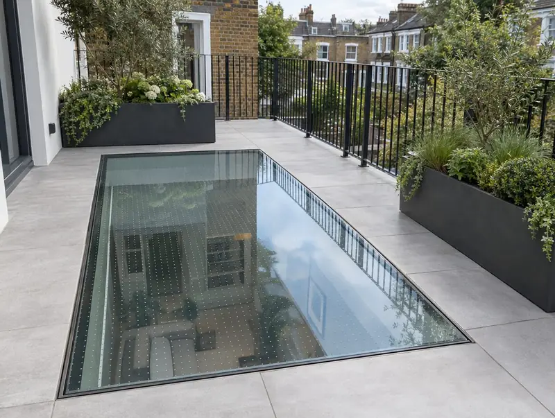 Walk-on glass rooflight set flush into porcelain paving on a roof terrace